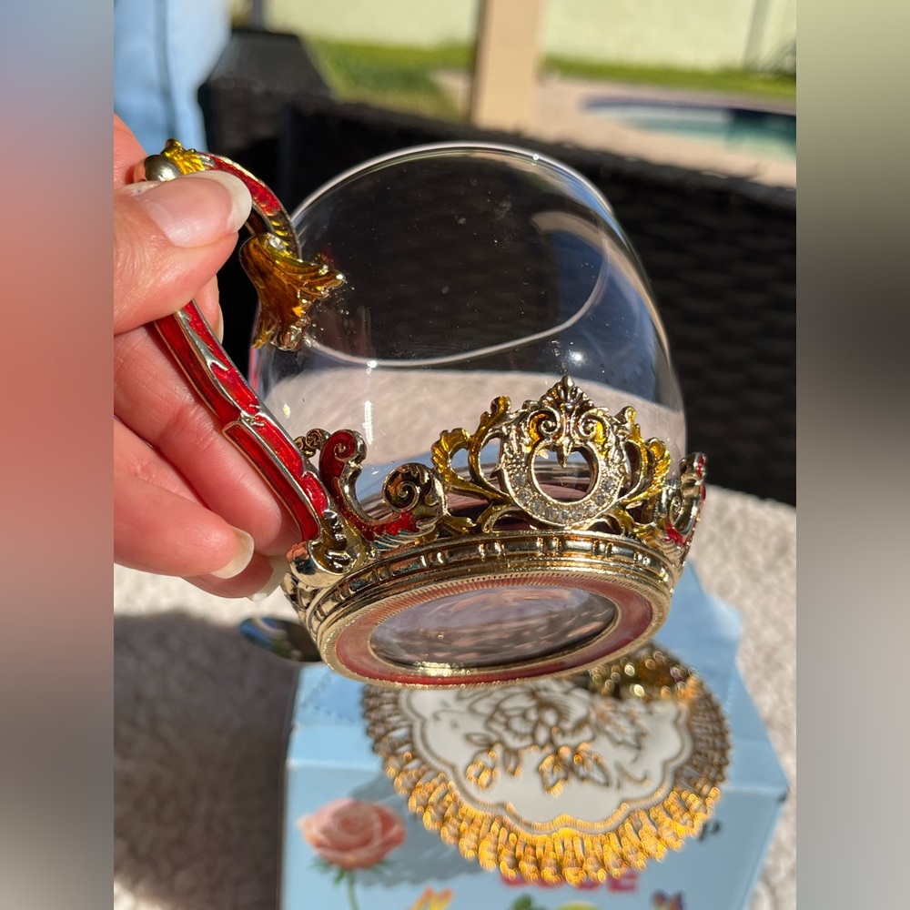 Gift Mug encrusted w/ crystals & ornament. Gold, red. New in box w/spoon & doily